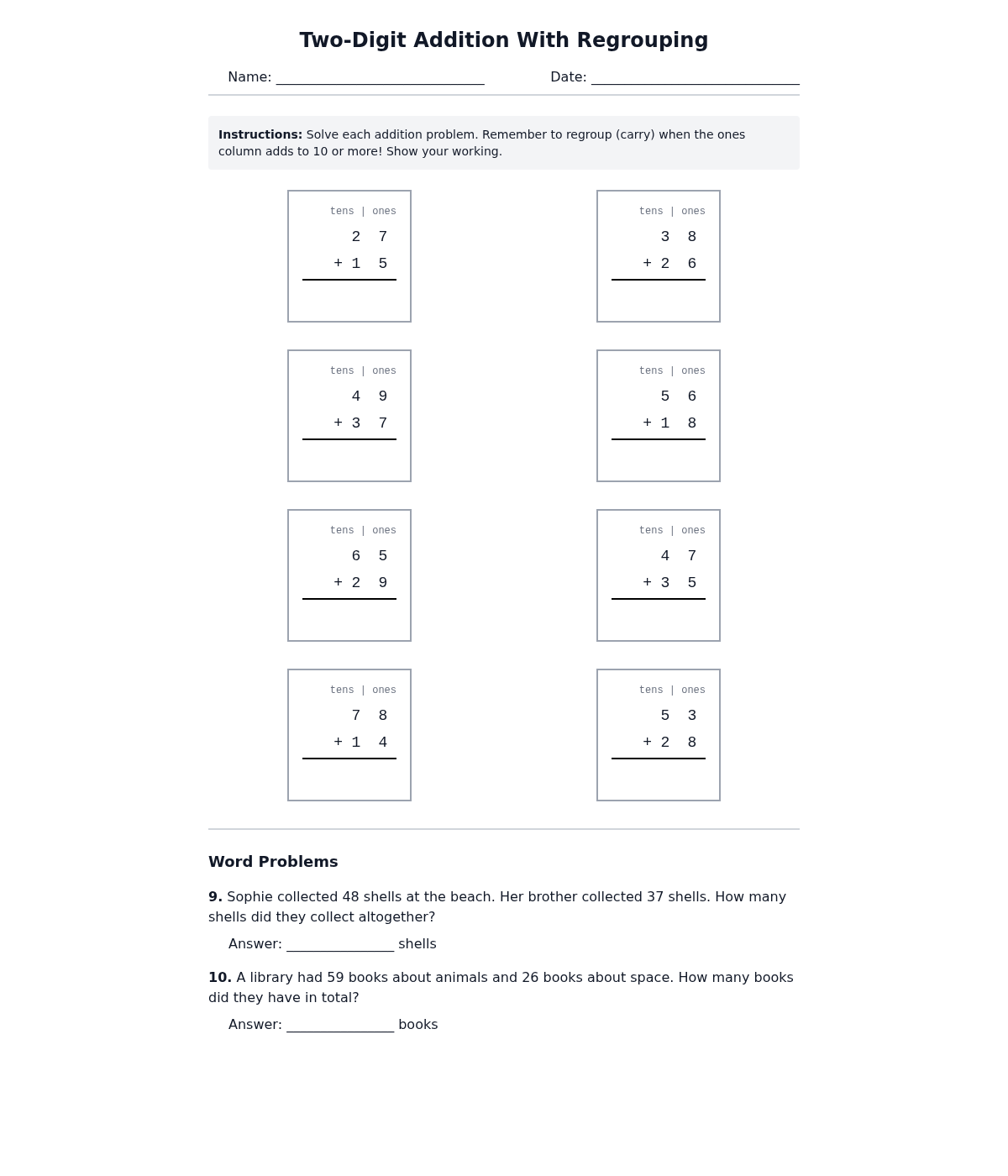 Two-Digit Addition With Regrouping