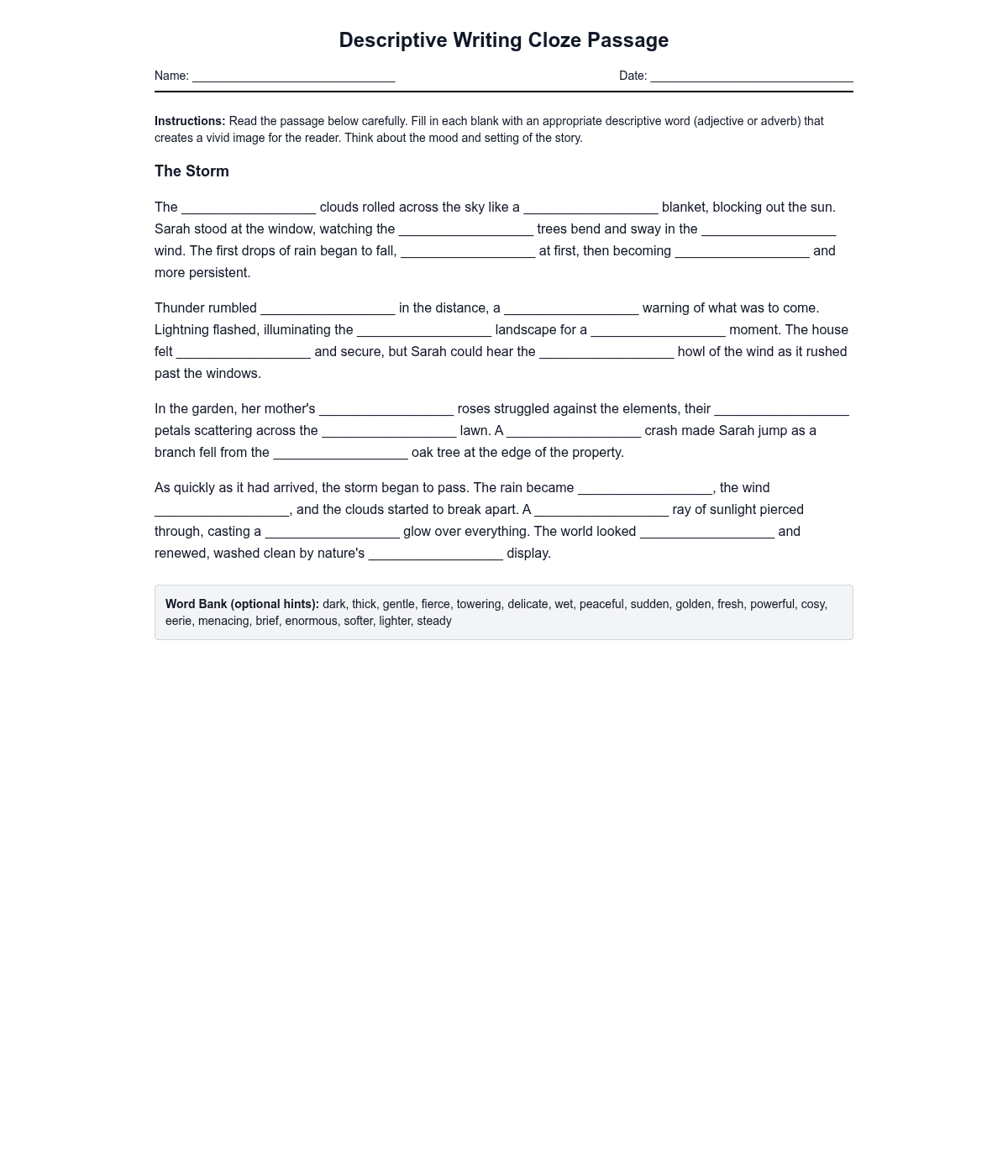 Descriptive Writing Cloze Passage