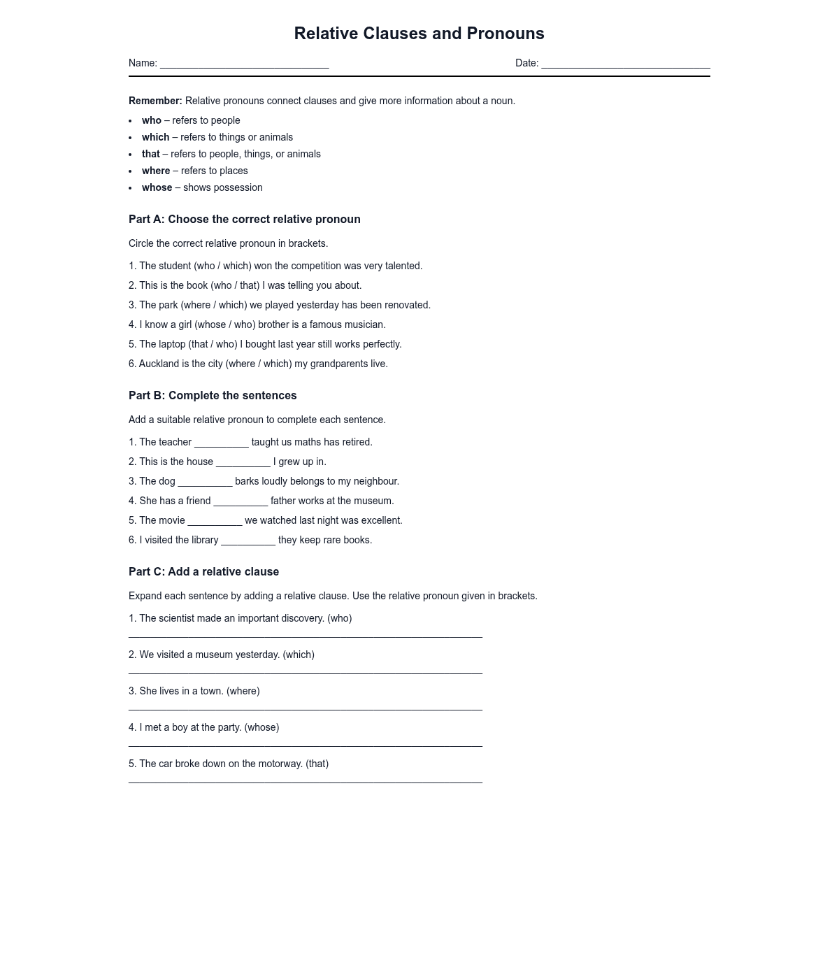 Relative Clauses and Pronouns Practice