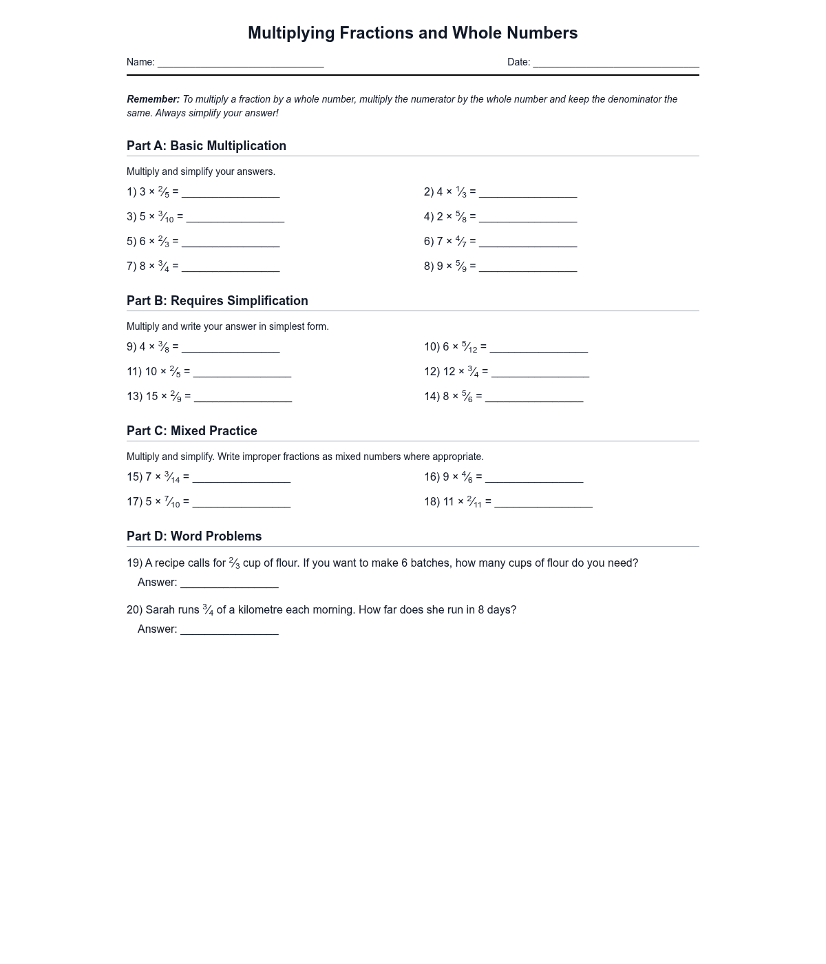 Multiplying Fractions and Whole Numbers
