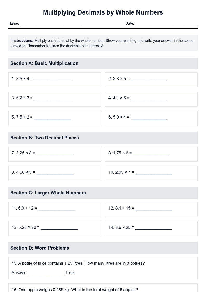 Multiplying Decimals by Whole Numbers