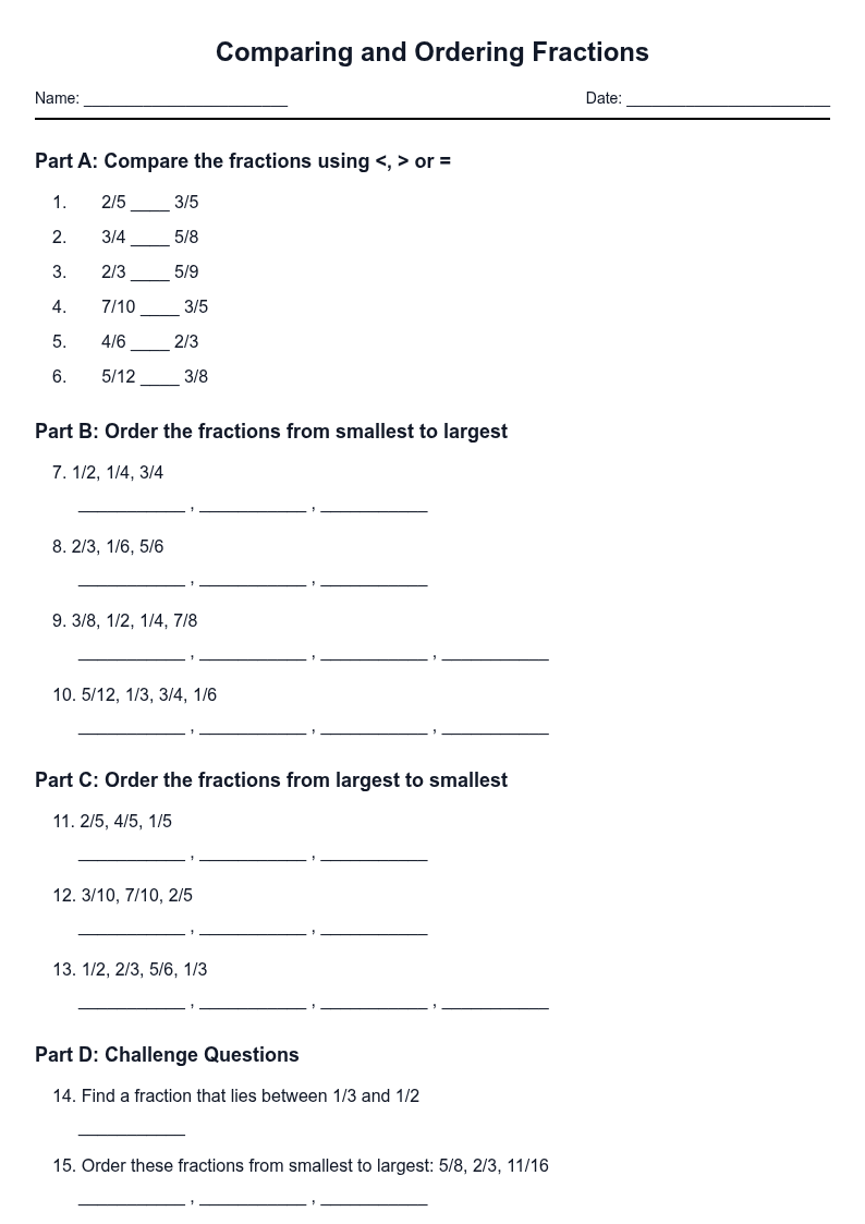 Comparing and Ordering Fractions