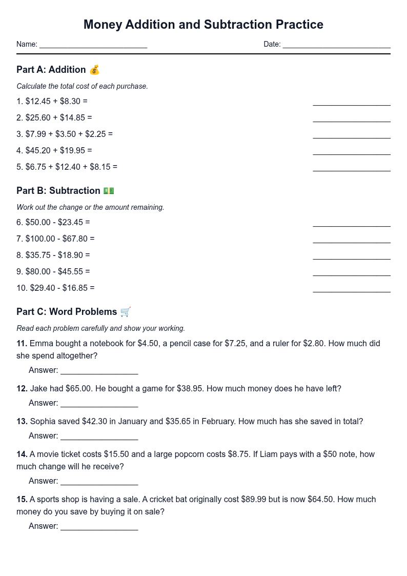 Money Addition and Subtraction Practice