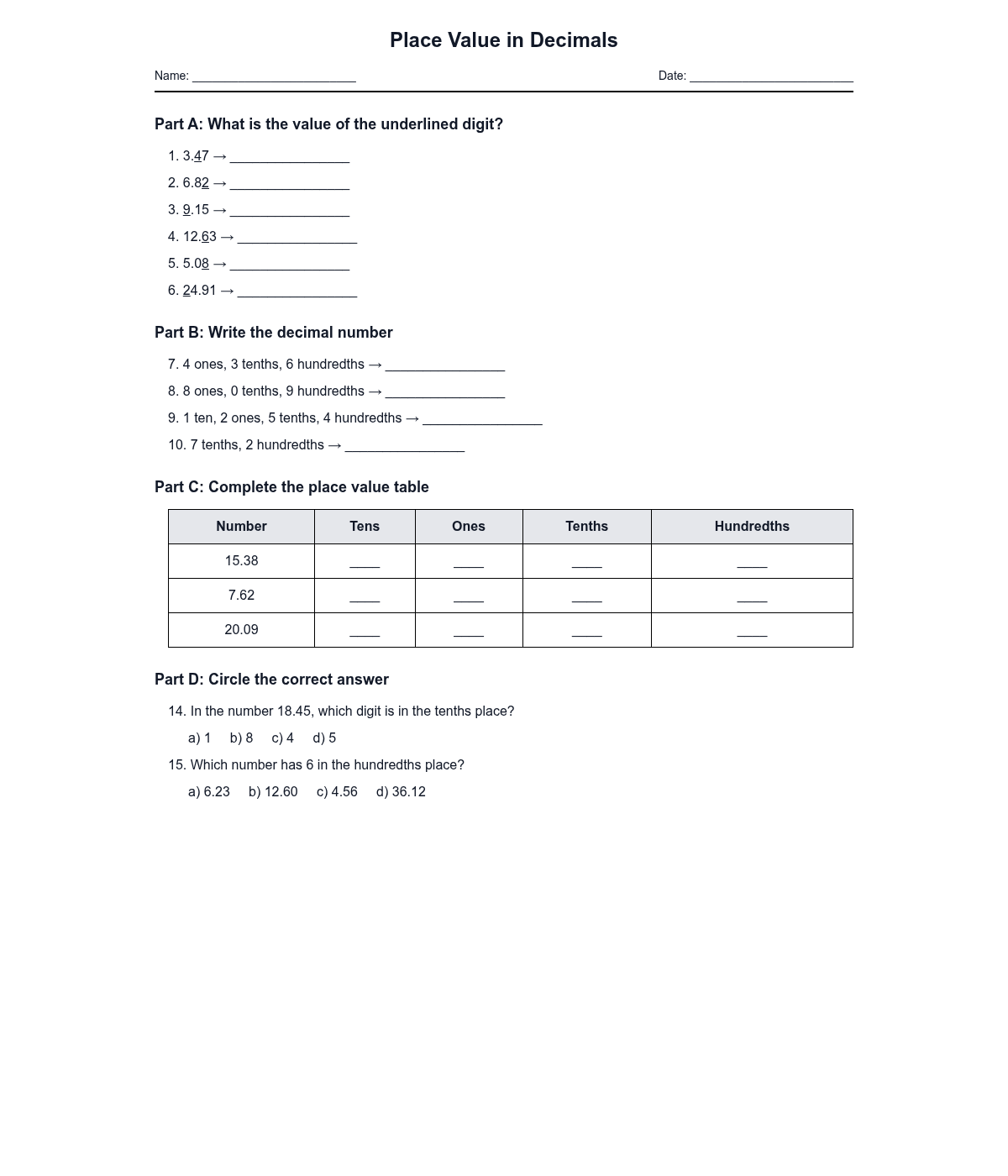 Place Value in Decimals