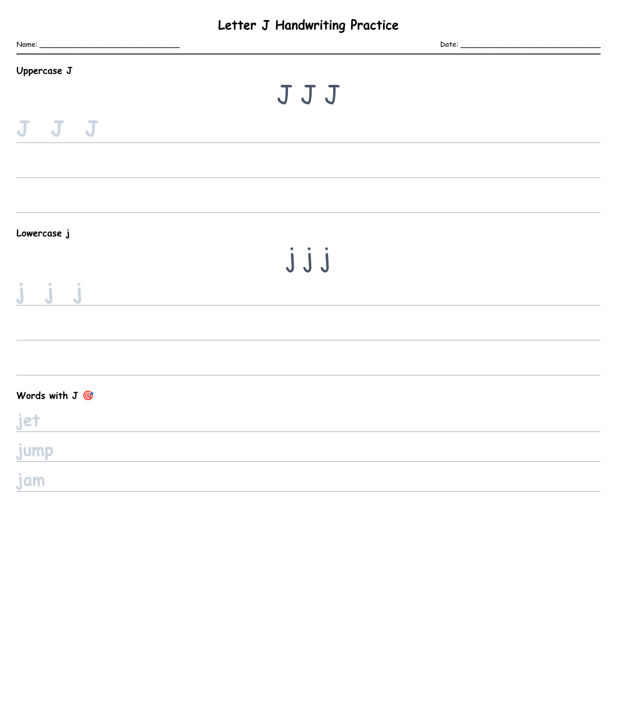 Letter J Handwriting Practice