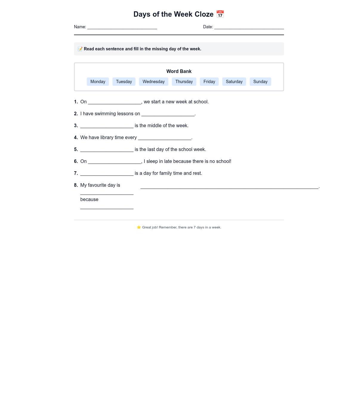 Days of the Week Cloze