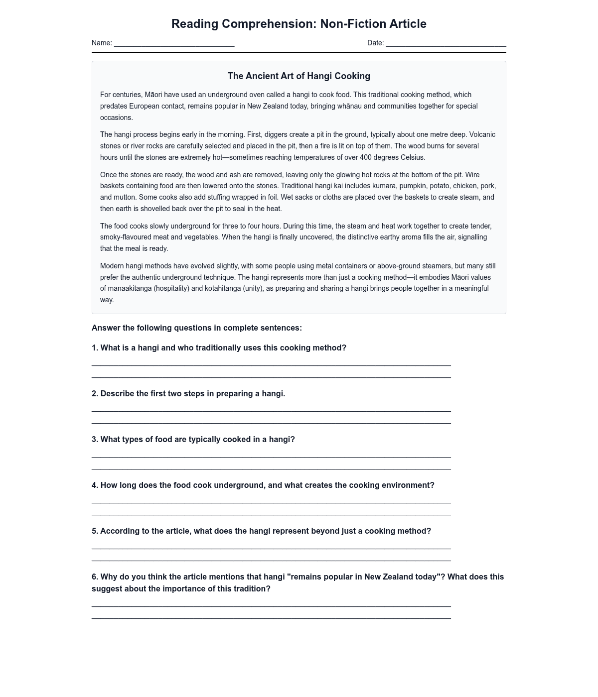 Non-Fiction Article with Short Answers