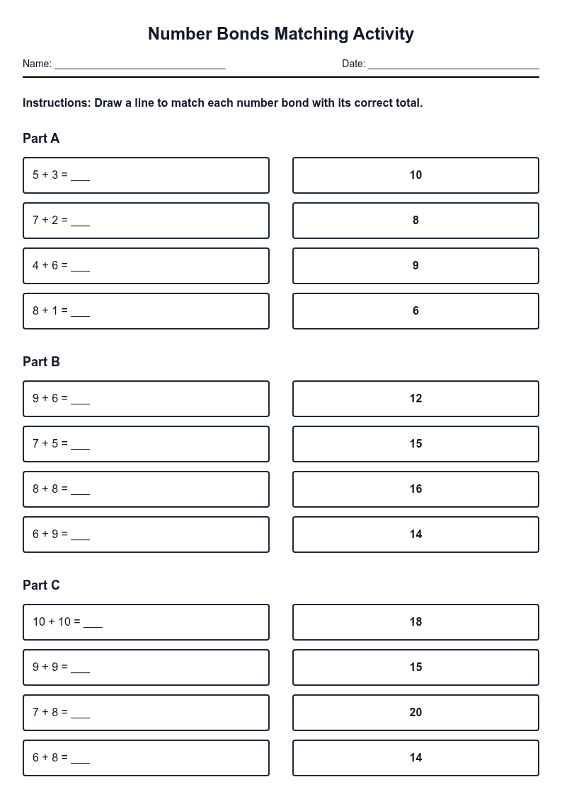 Number Bonds Matching Activity