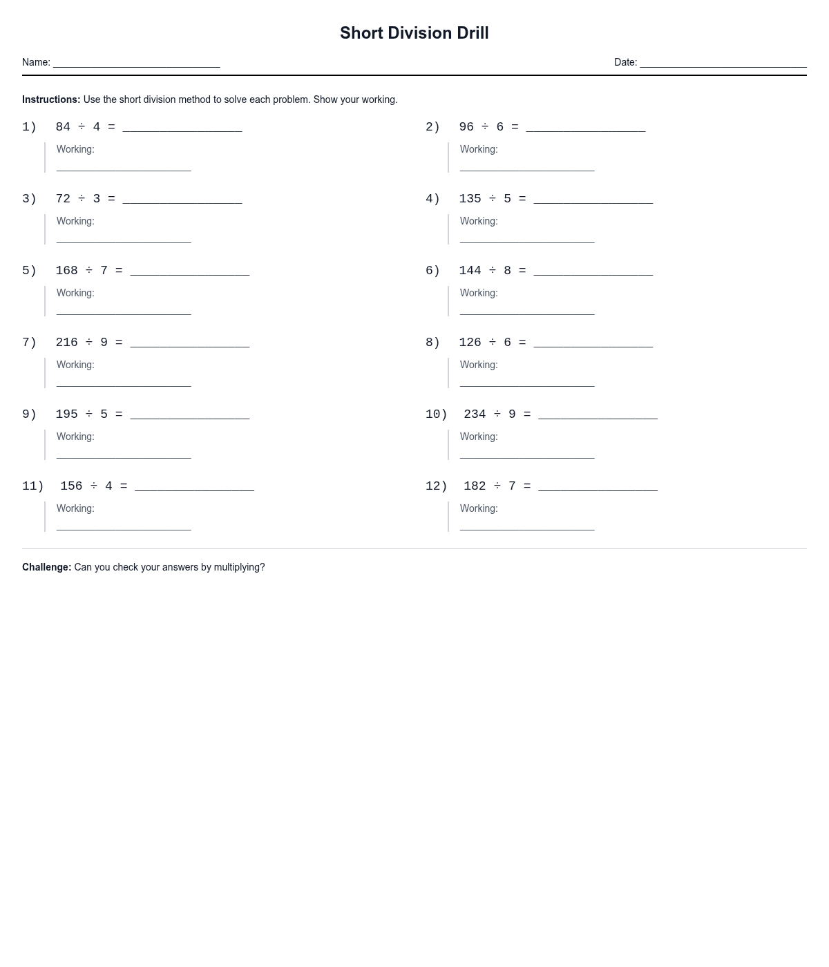 Short Division Drill