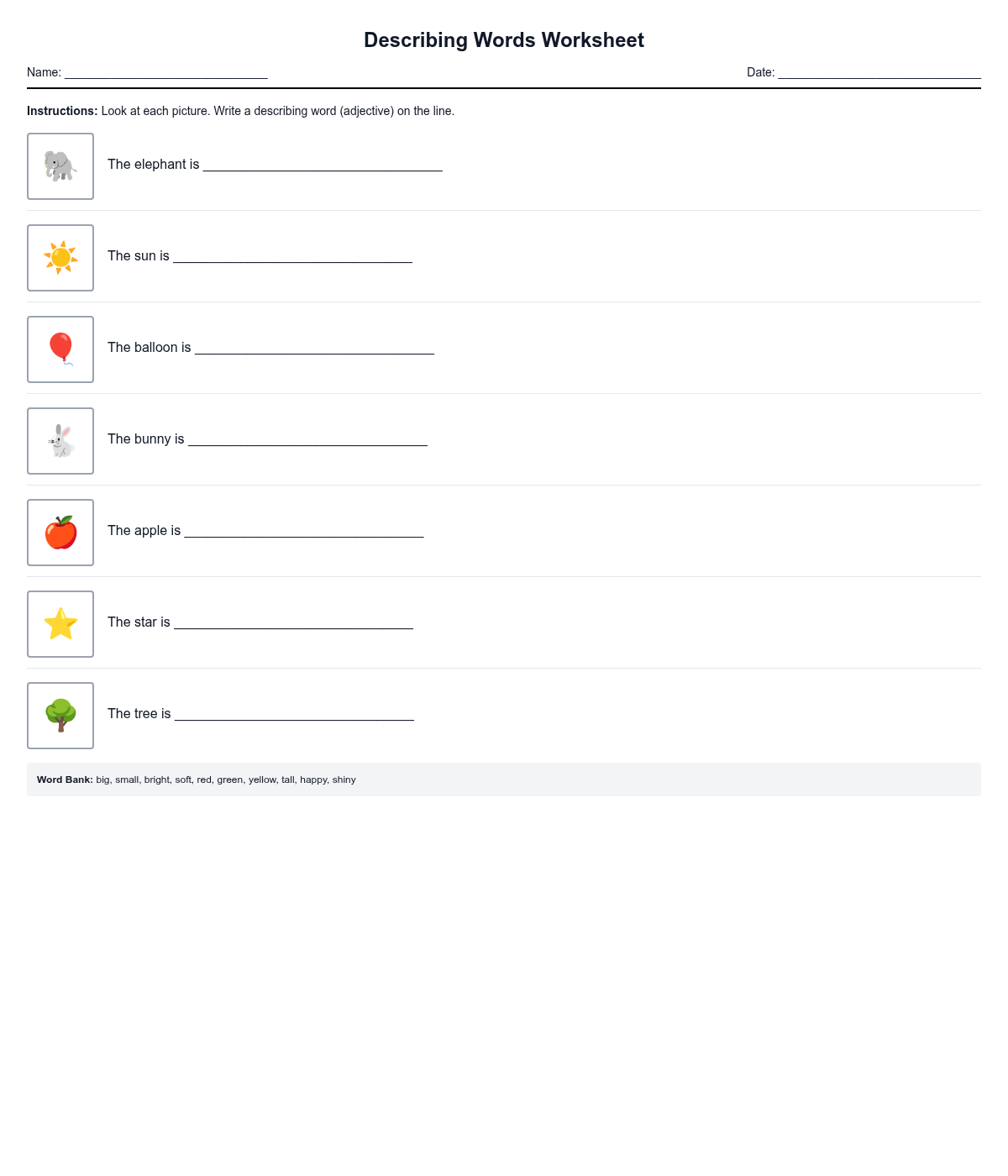 Describing Words Worksheet