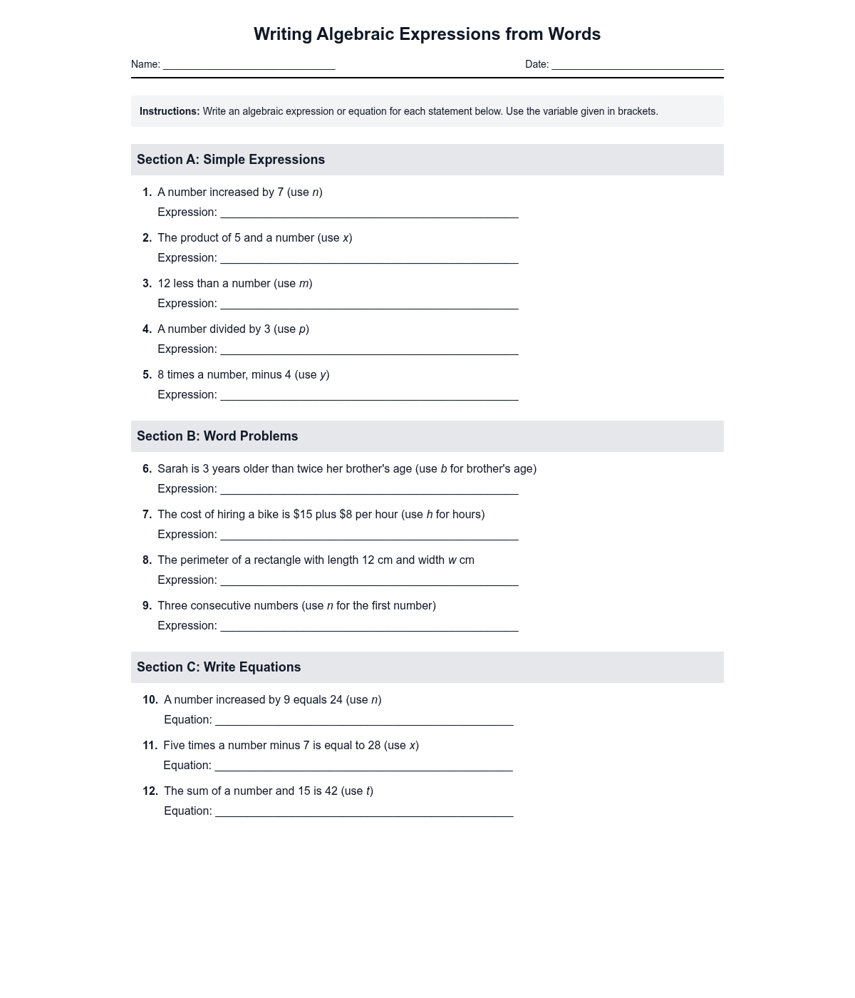 Writing Algebraic Expressions from Words