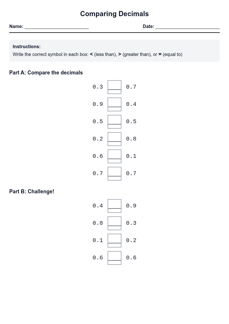 Comparing Decimals with Greater and Less Than