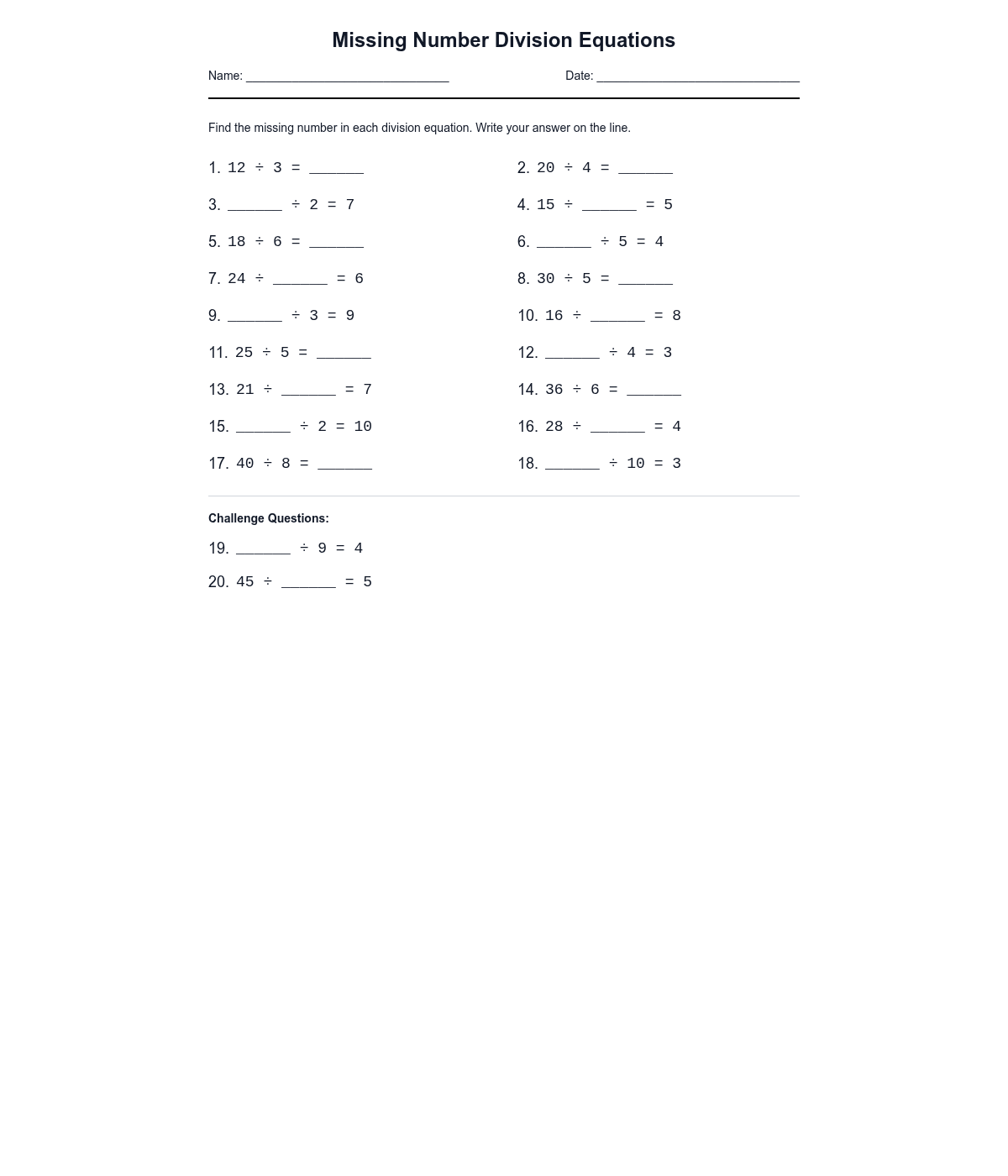 Missing Number Division Equations