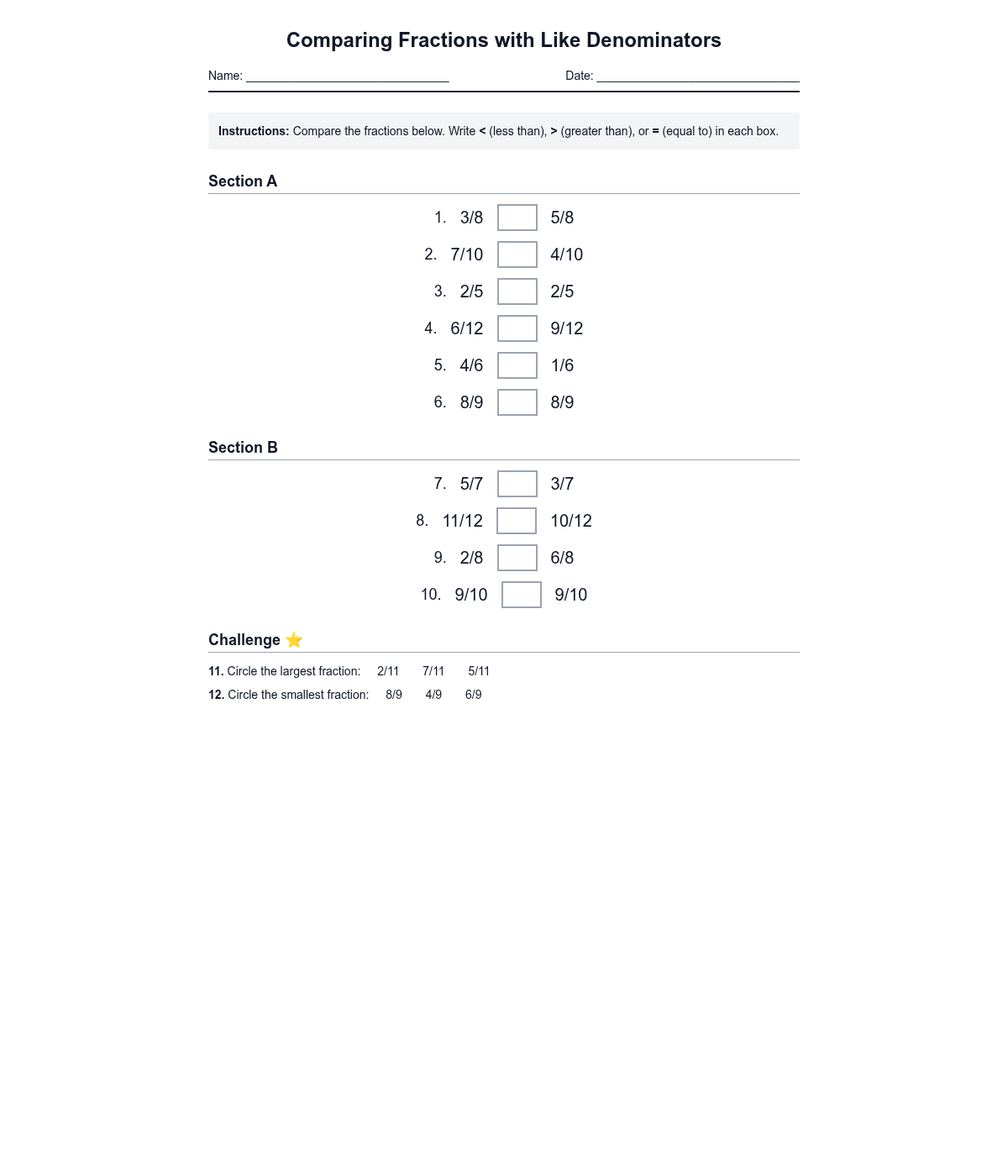 Comparing Fractions with Like Denominators