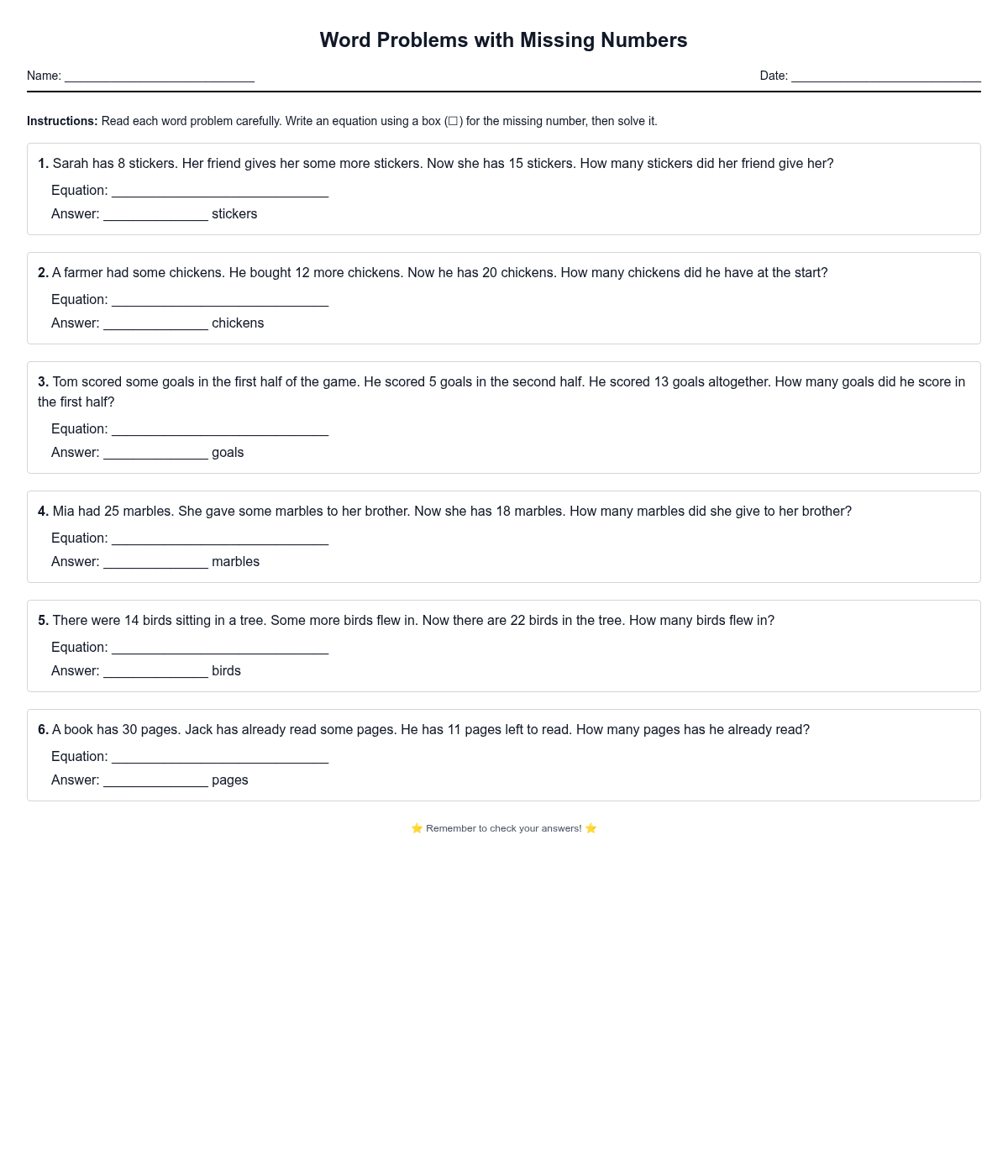 Word Problems with Missing Numbers