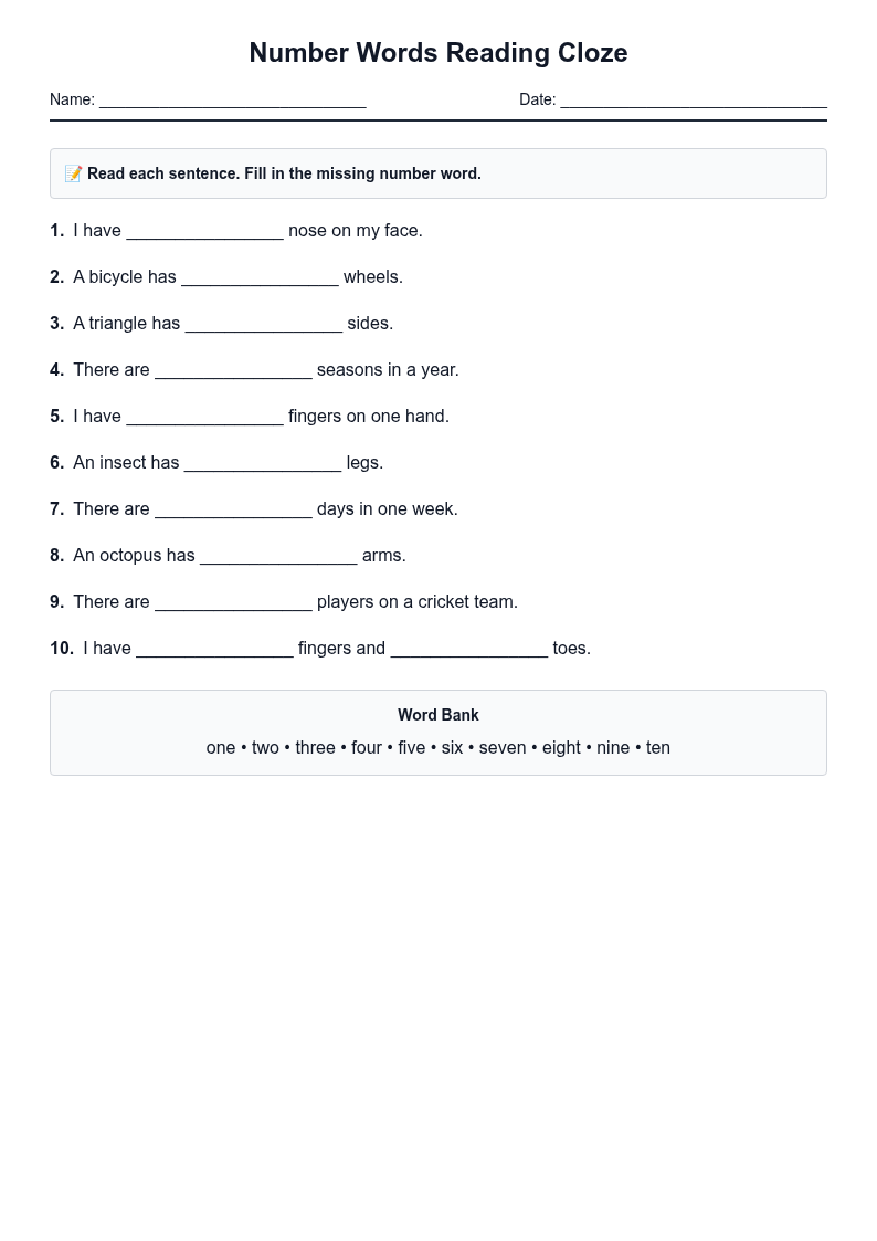 Number Words Reading Cloze