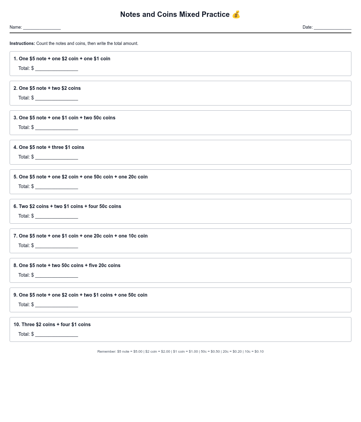 Notes and Coins Mixed Practice