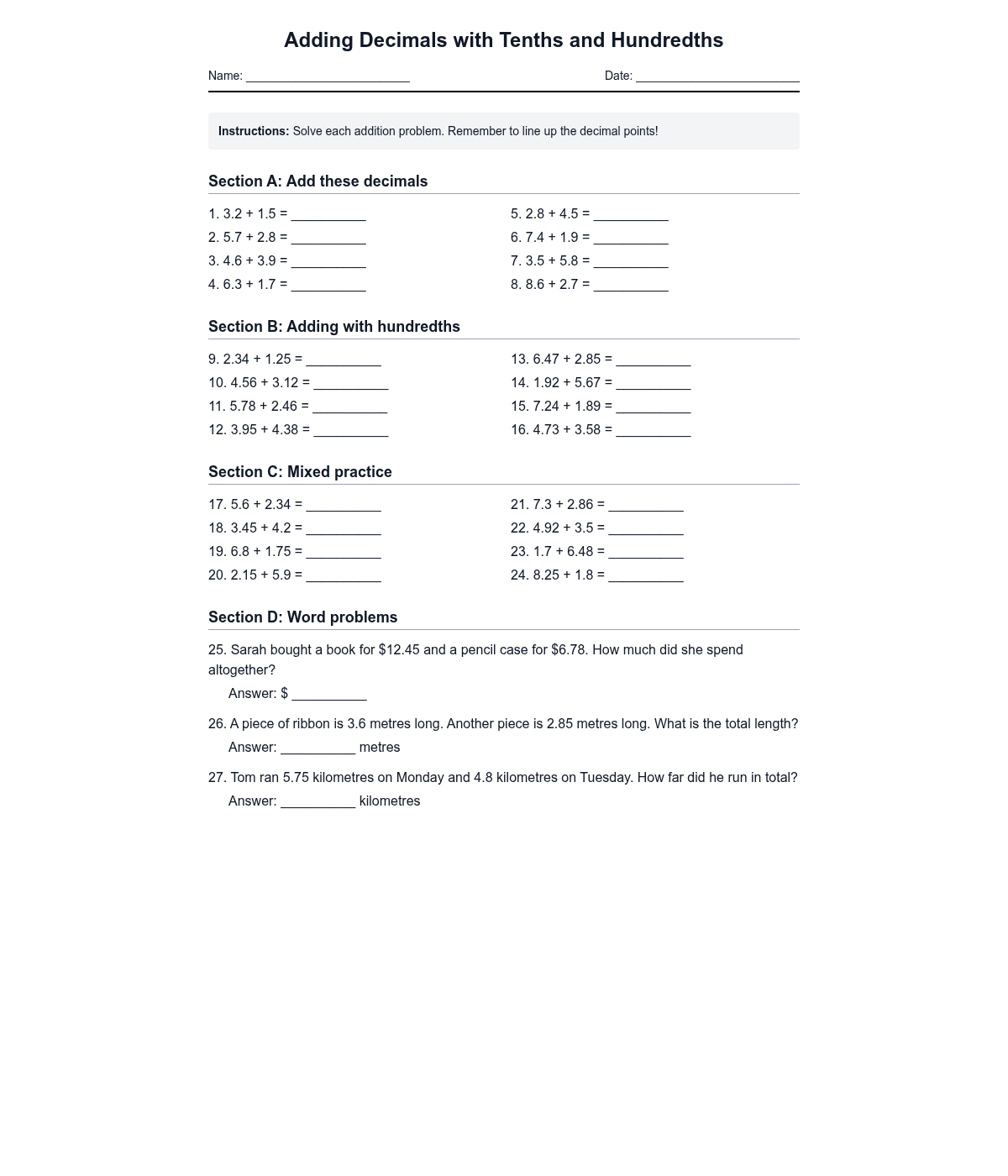 Adding Decimals with Tenths and Hundredths