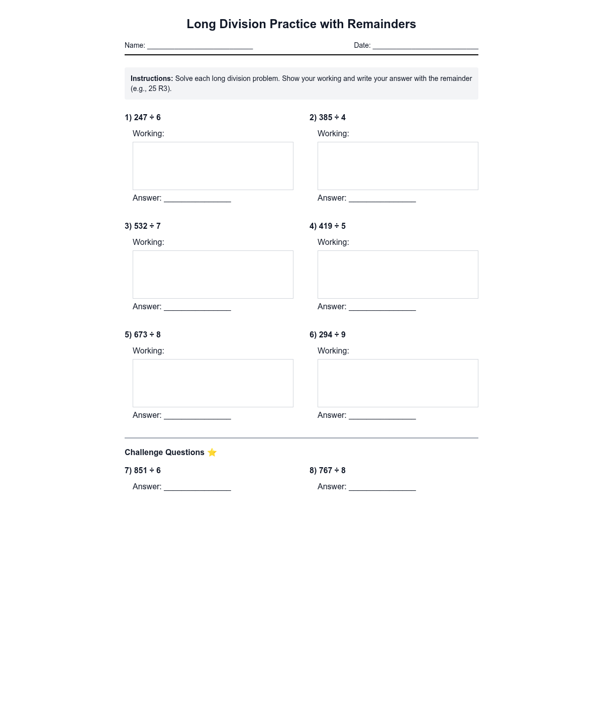 Long Division Practice with Remainders