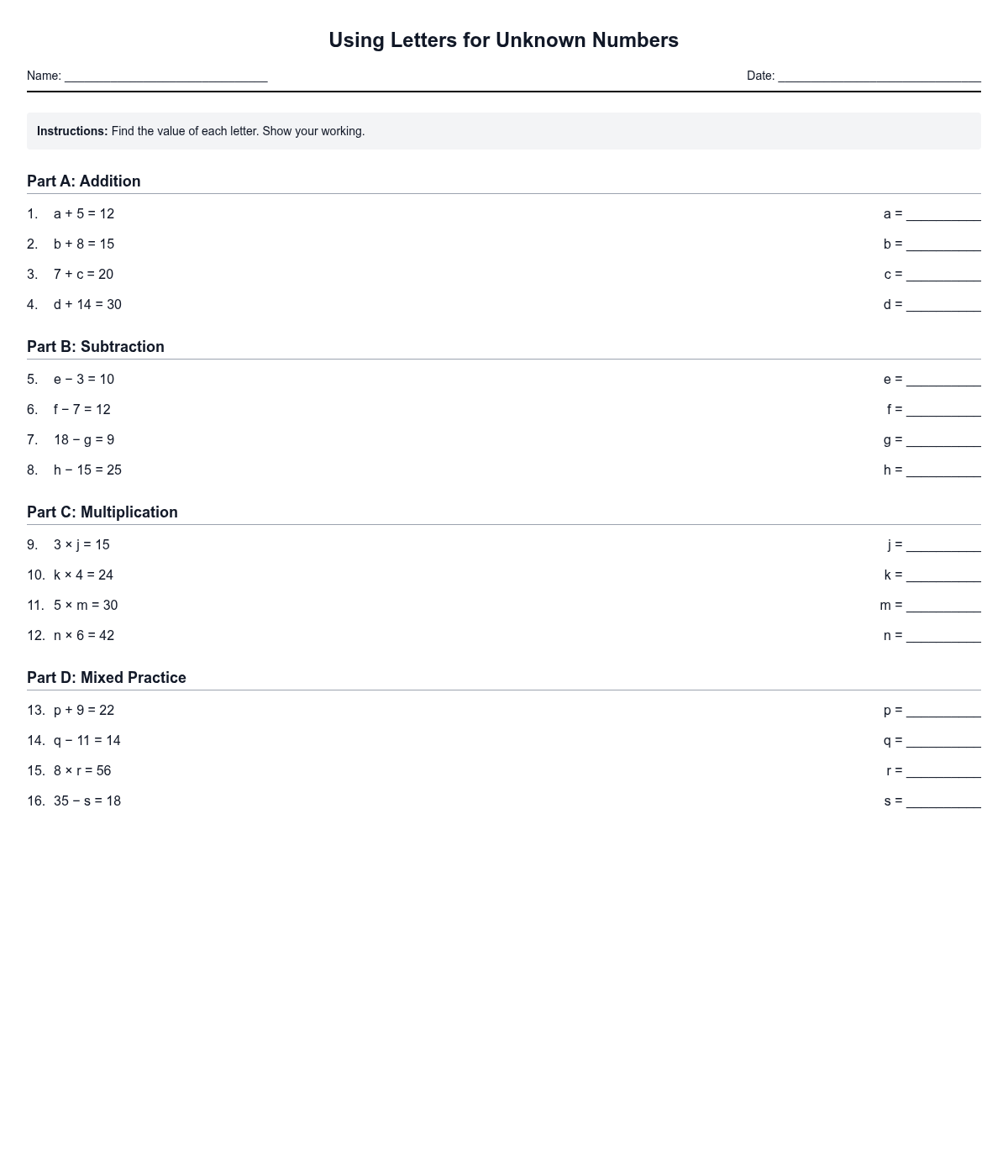 Using Letters for Unknown Numbers