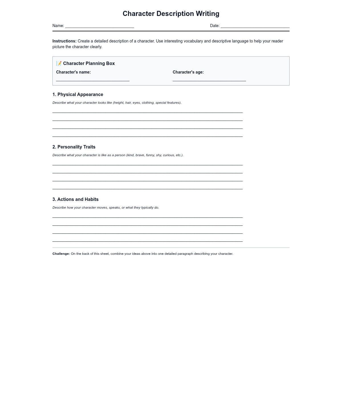 Character Description Writing