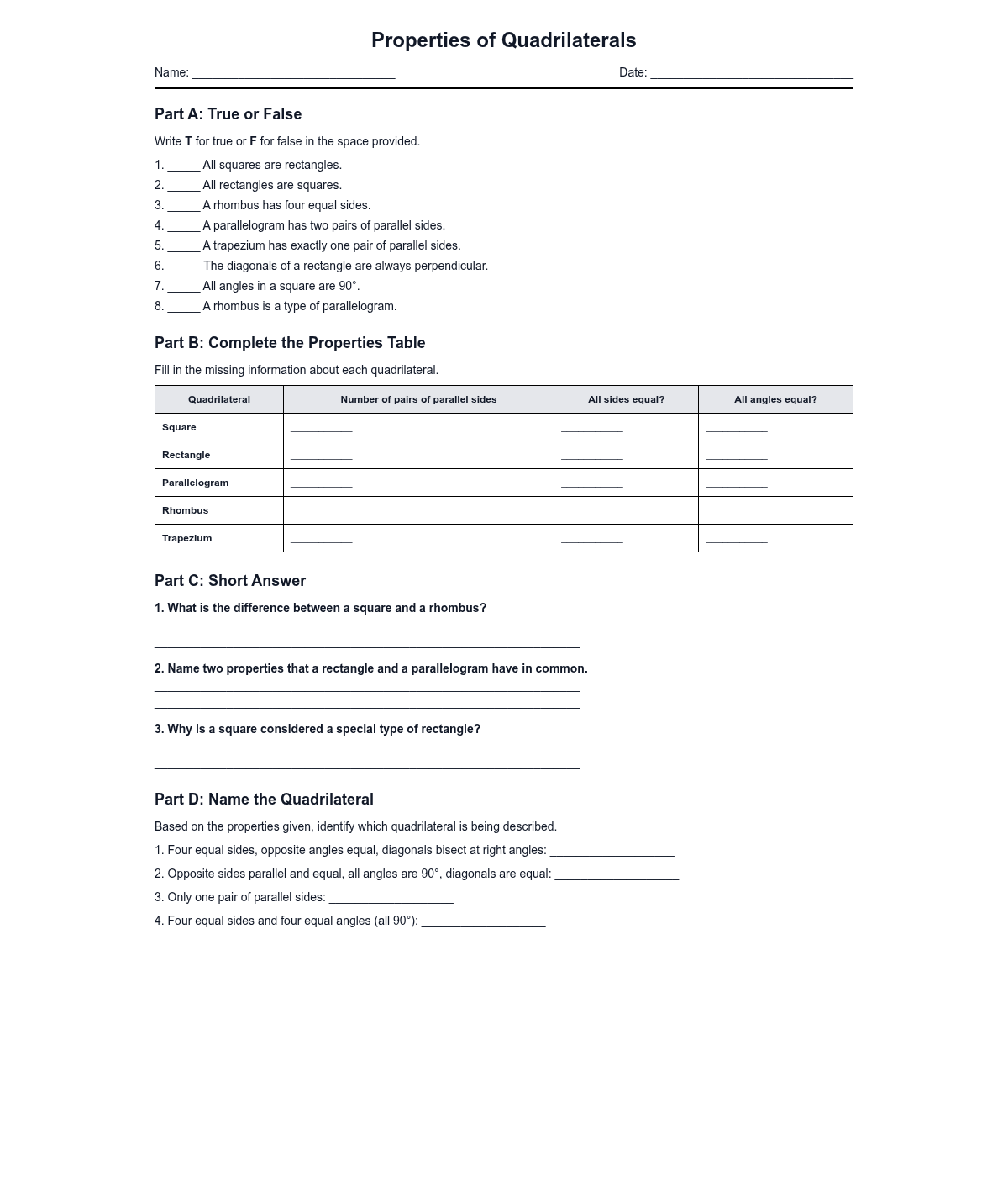Properties of Quadrilaterals