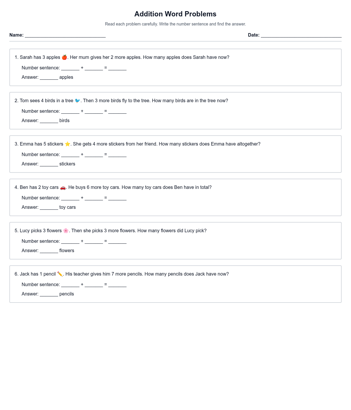 Addition Word Problems Within 10