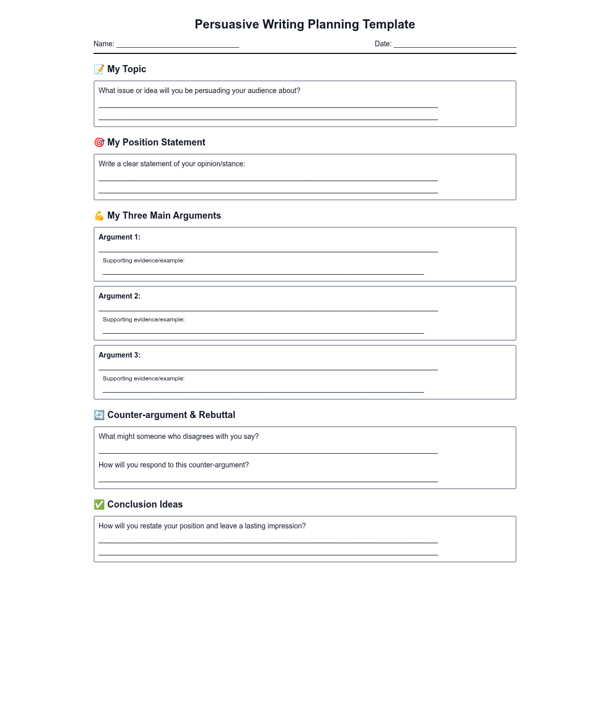 Persuasive Writing Planning Template