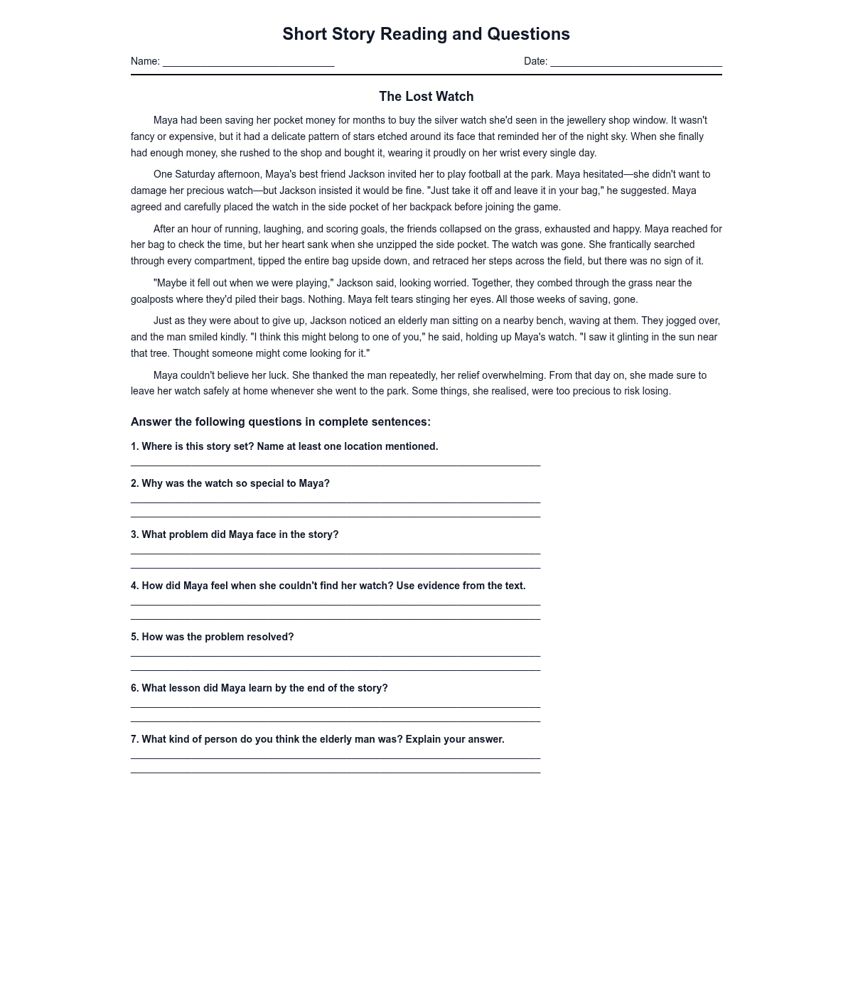 Short Story Reading and Questions