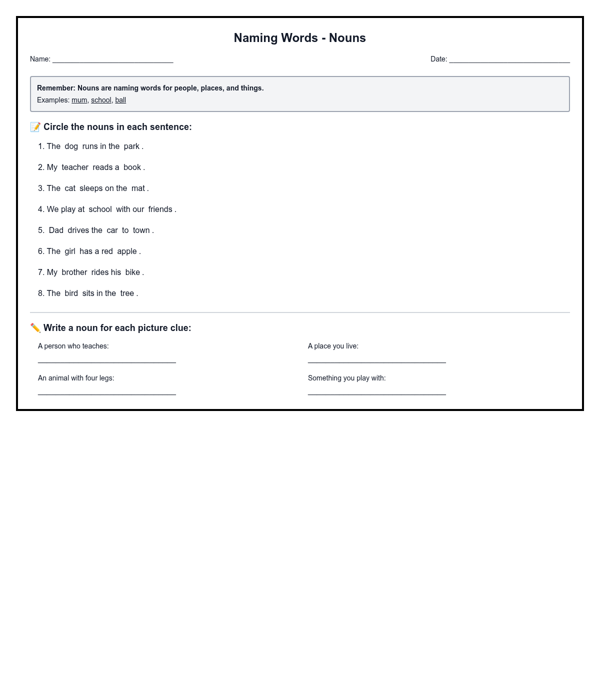 Naming Words - Nouns Identification