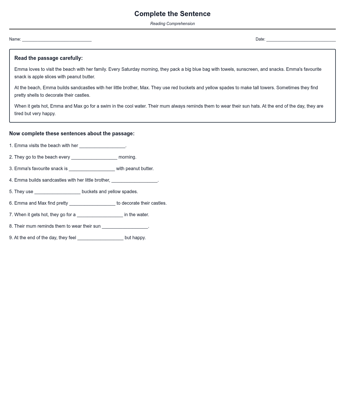 Complete the Sentence Reading Comprehension