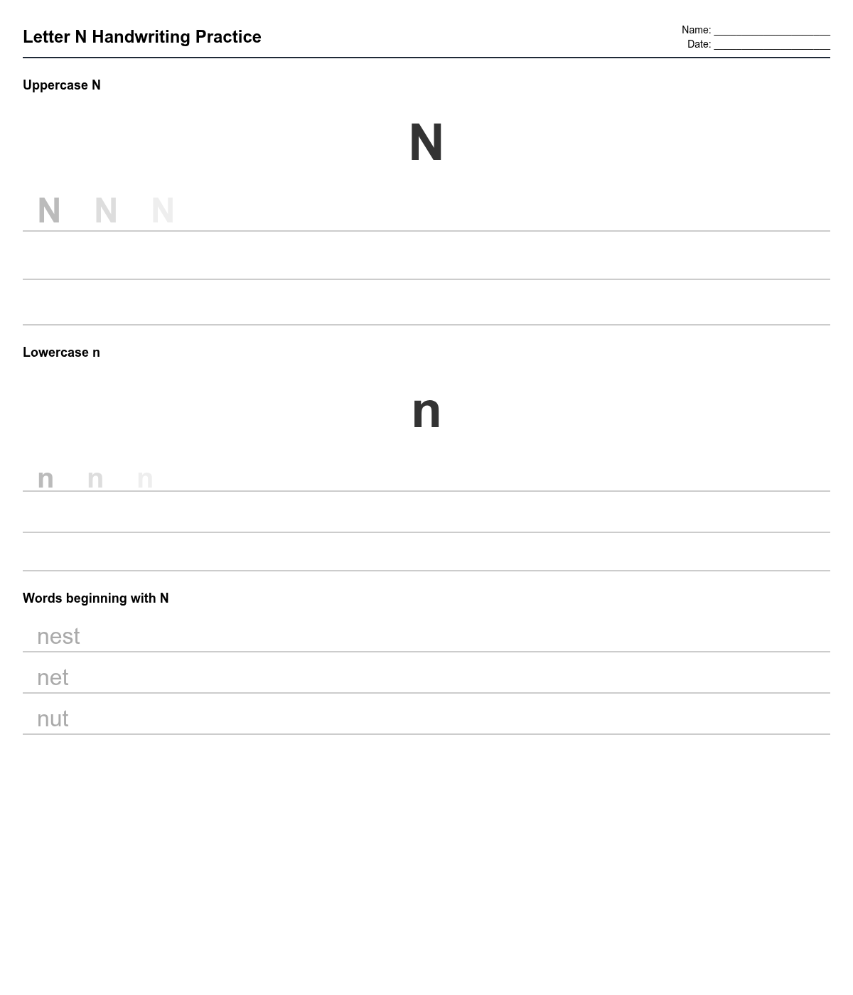 Letter N Handwriting Practice