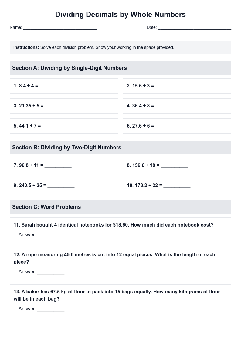 Dividing Decimals by Whole Numbers