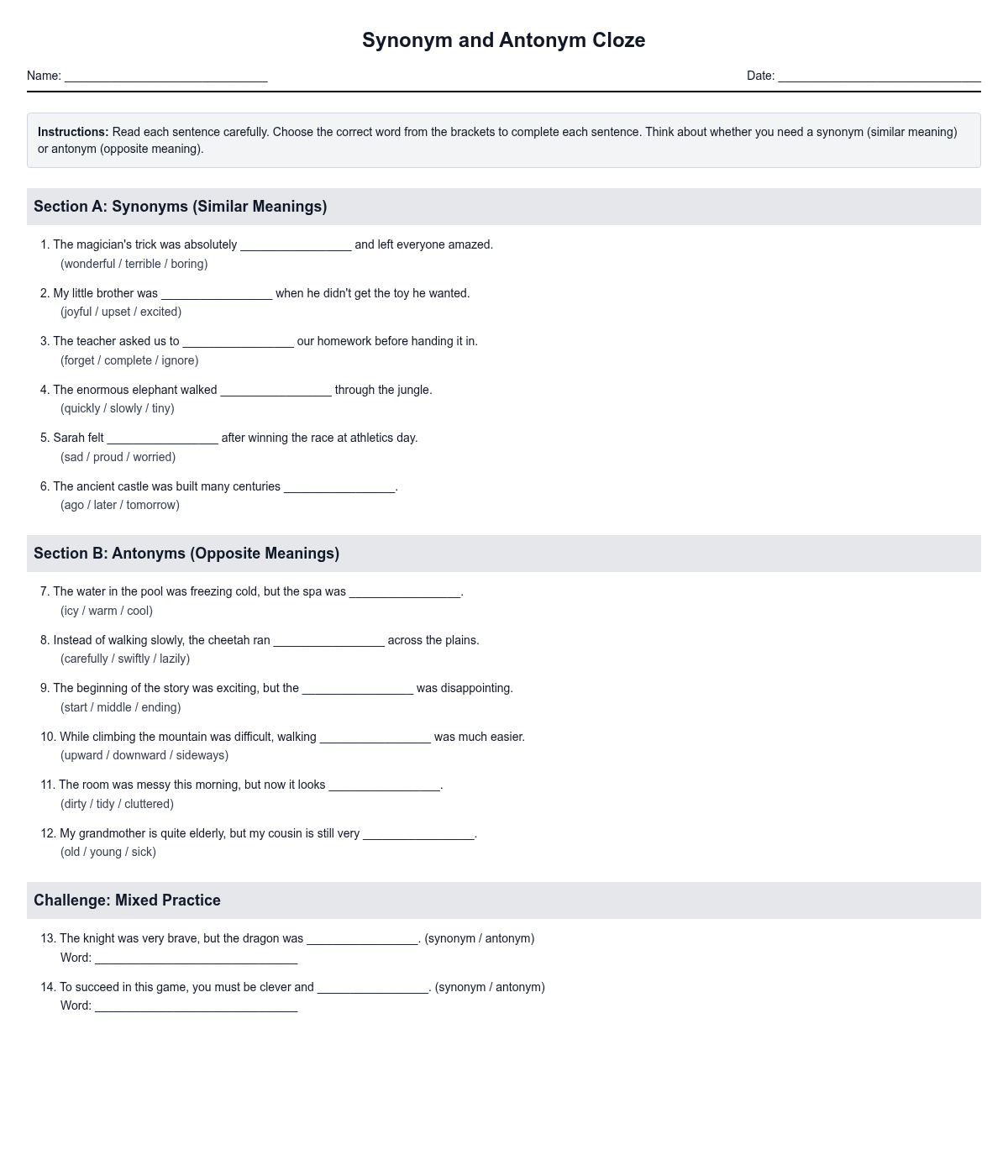 Synonym and Antonym Cloze