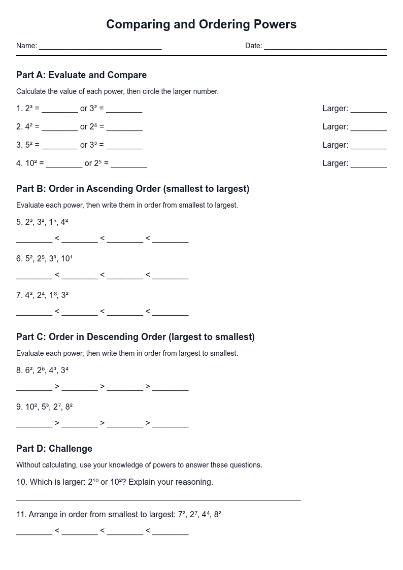 Comparing and Ordering Powers