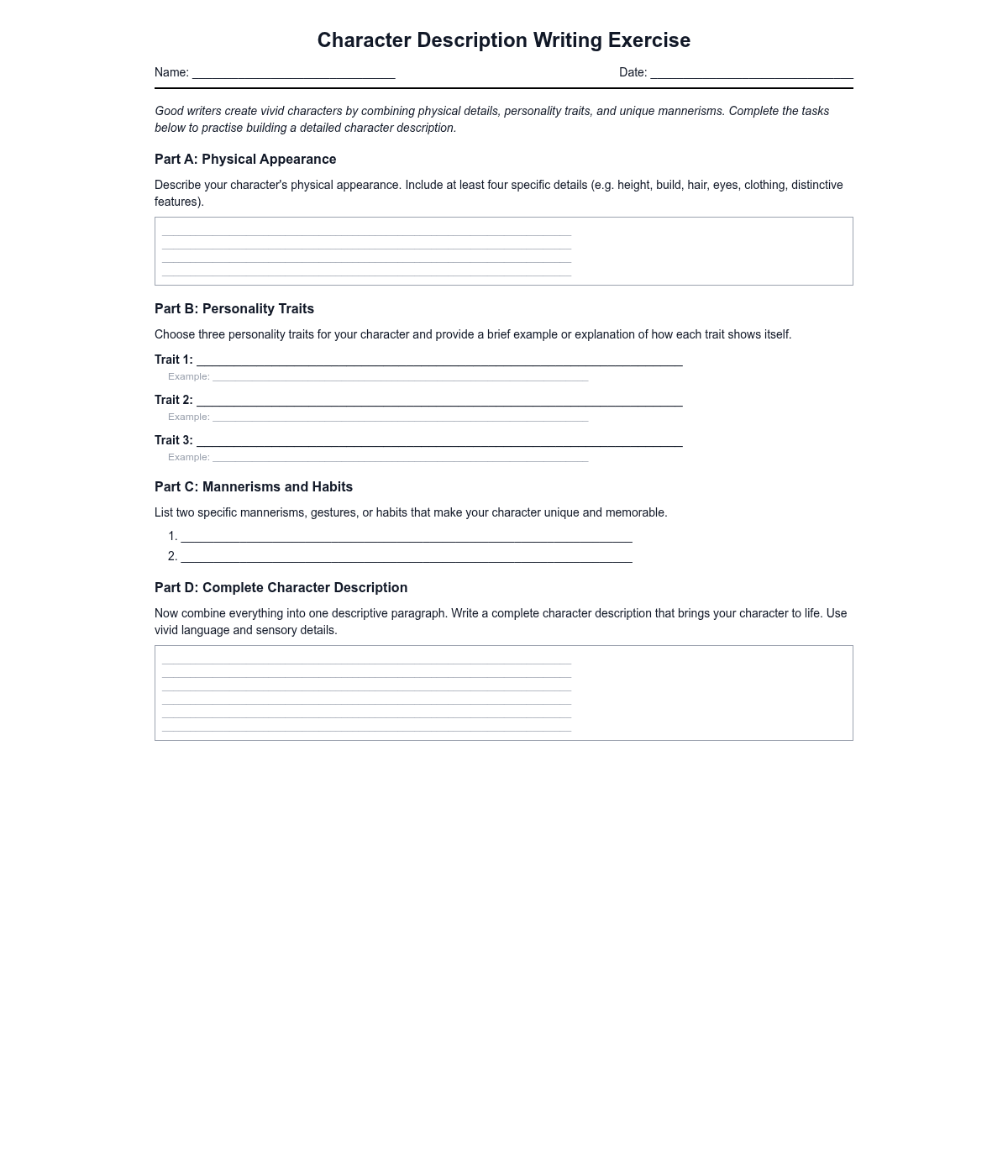 Character Description Writing Exercise