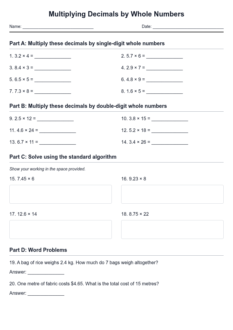 Multiplying Decimals by Whole Numbers