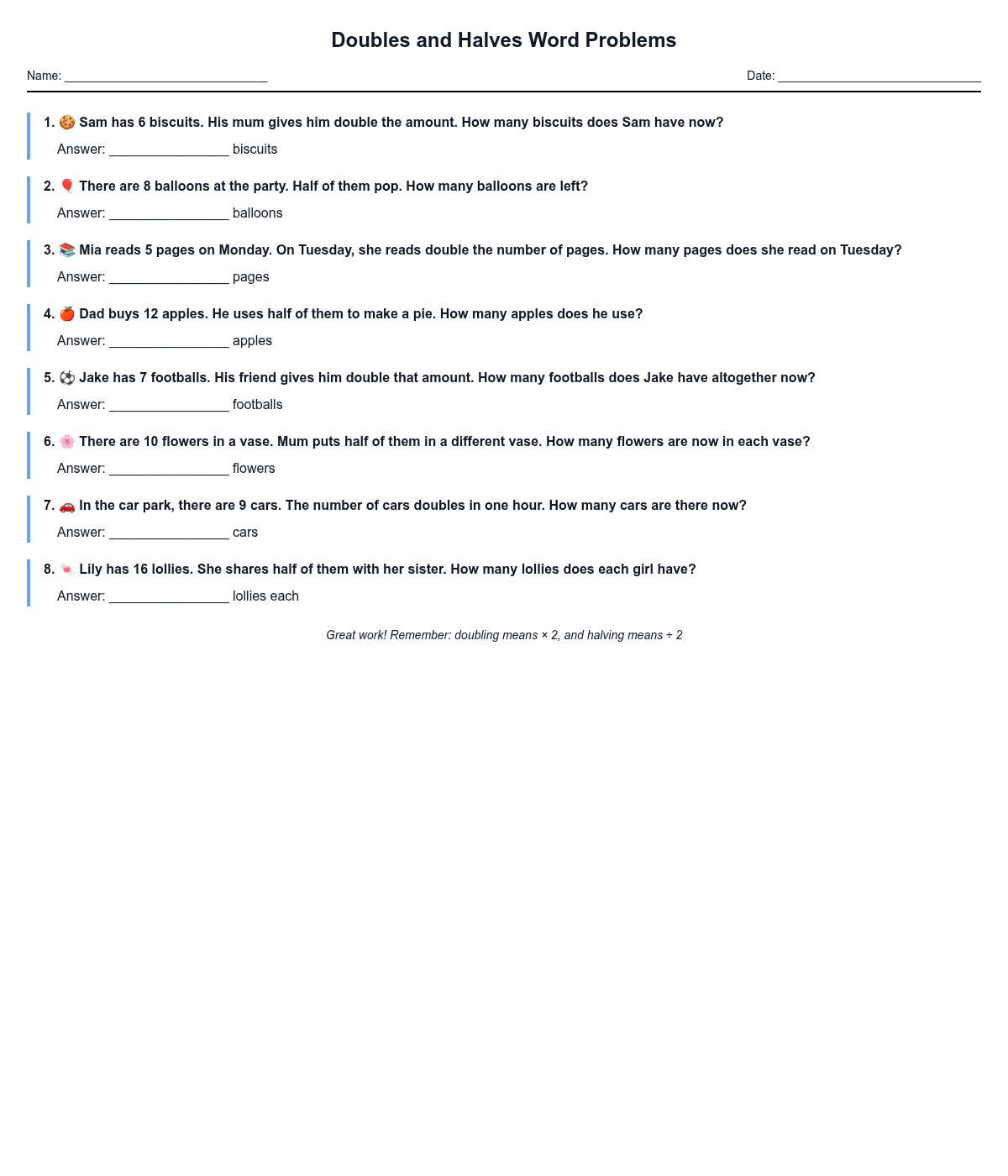 Doubles and Halves Word Problems