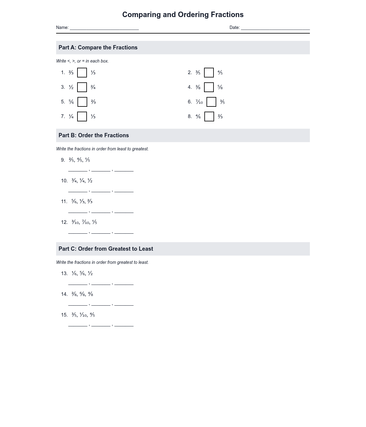 Comparing and Ordering Fractions