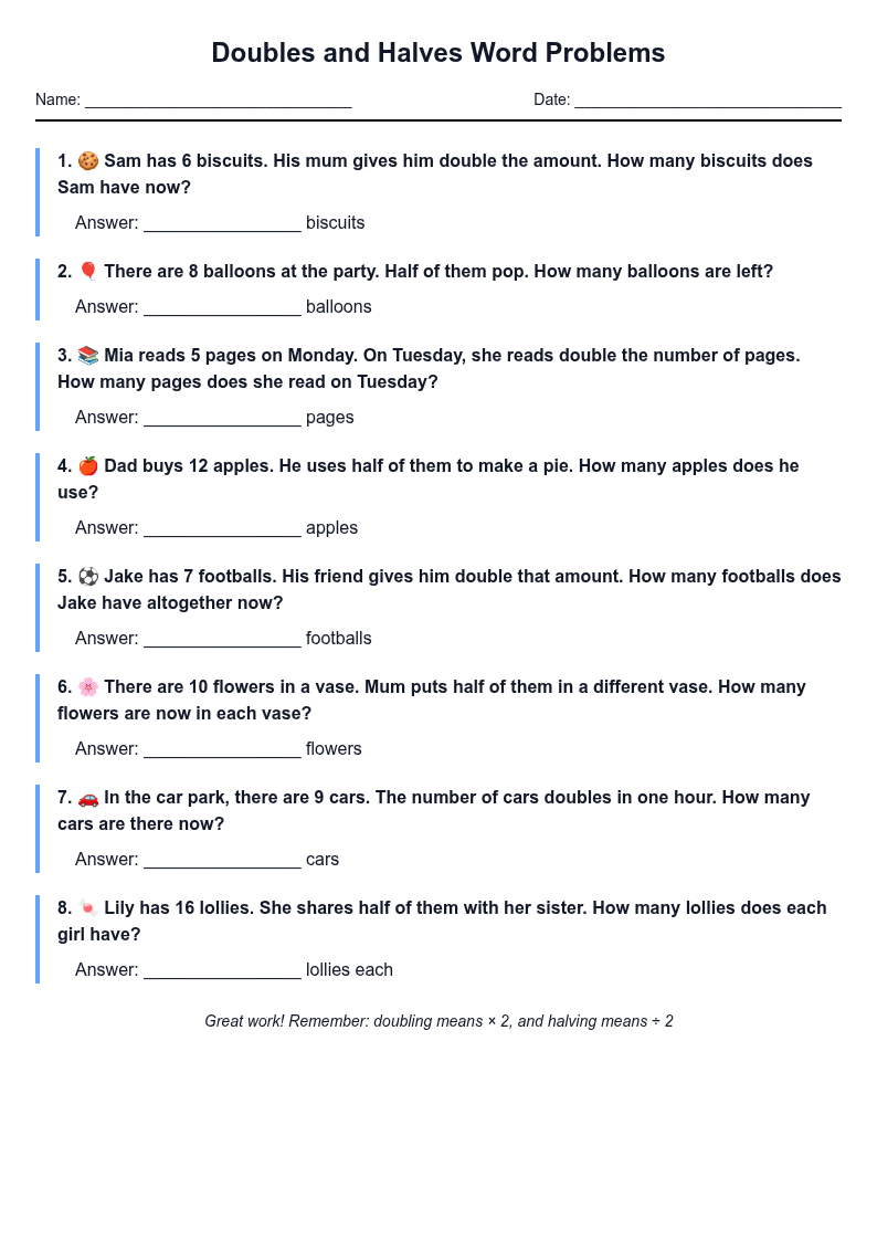 Doubles and Halves Word Problems