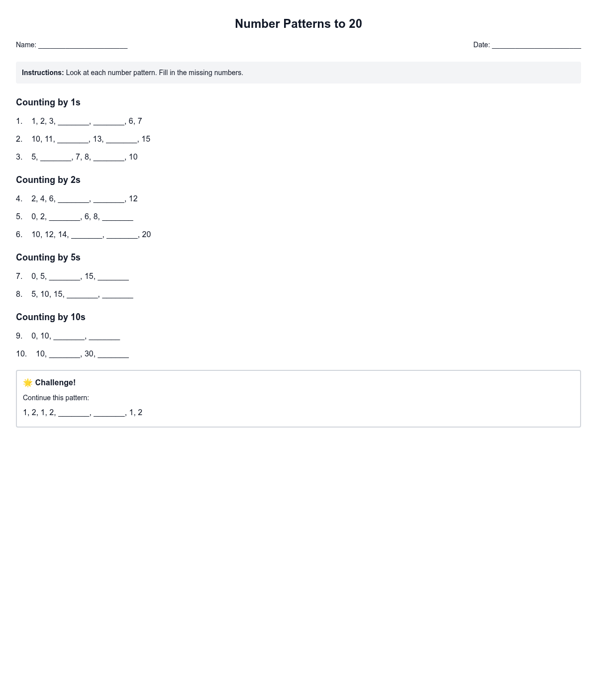 Number Patterns to 20
