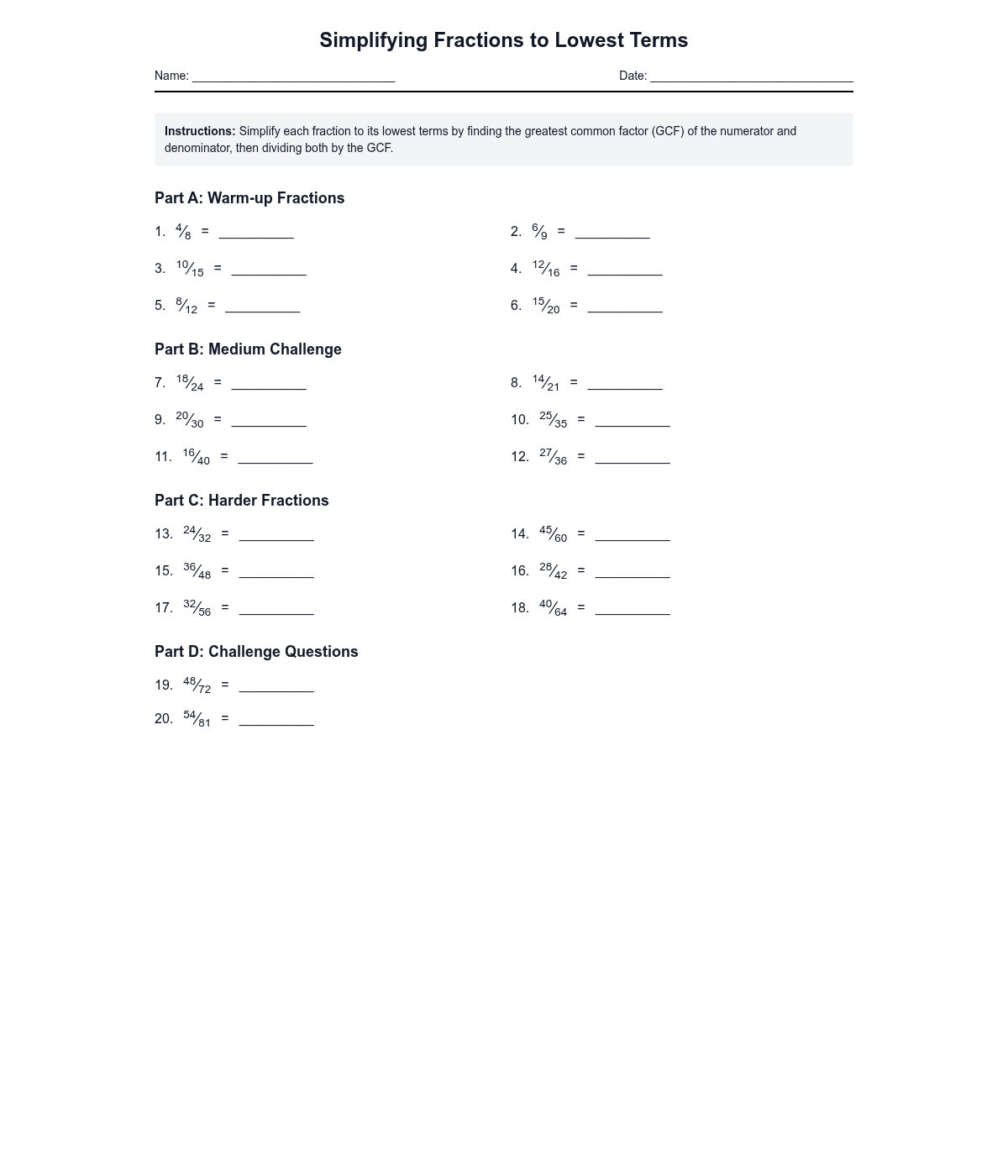 Simplifying Fractions to Lowest Terms