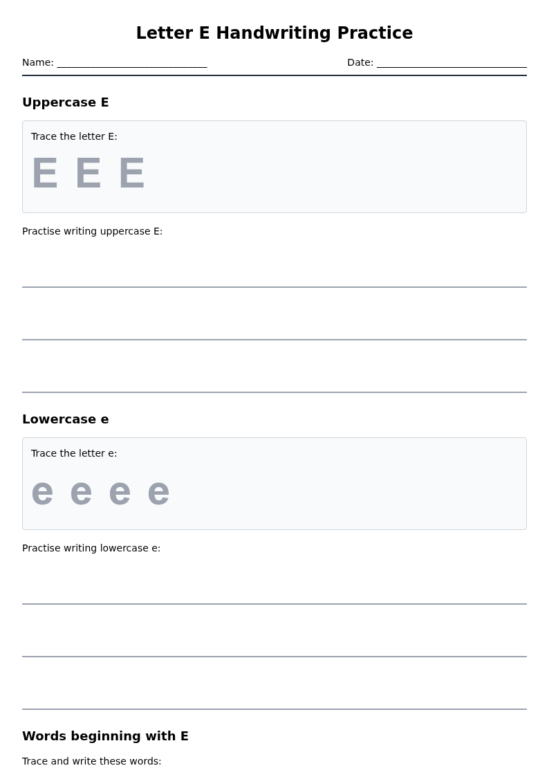 Letter E Handwriting Practice