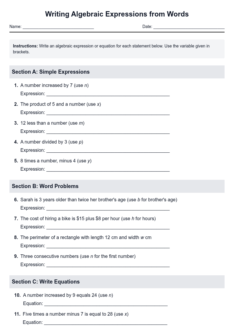Writing Algebraic Expressions from Words