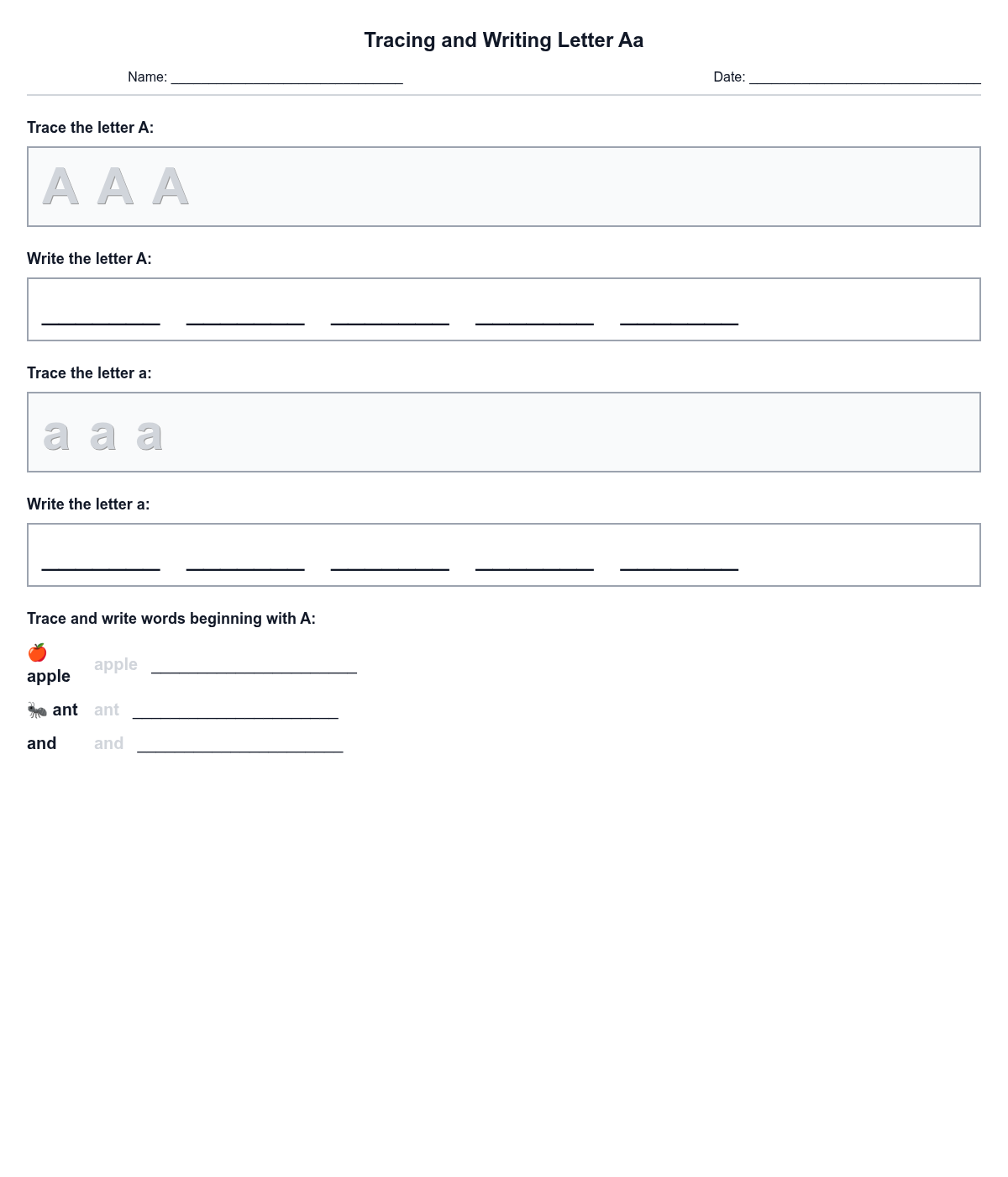 Tracing and Writing Letter Aa