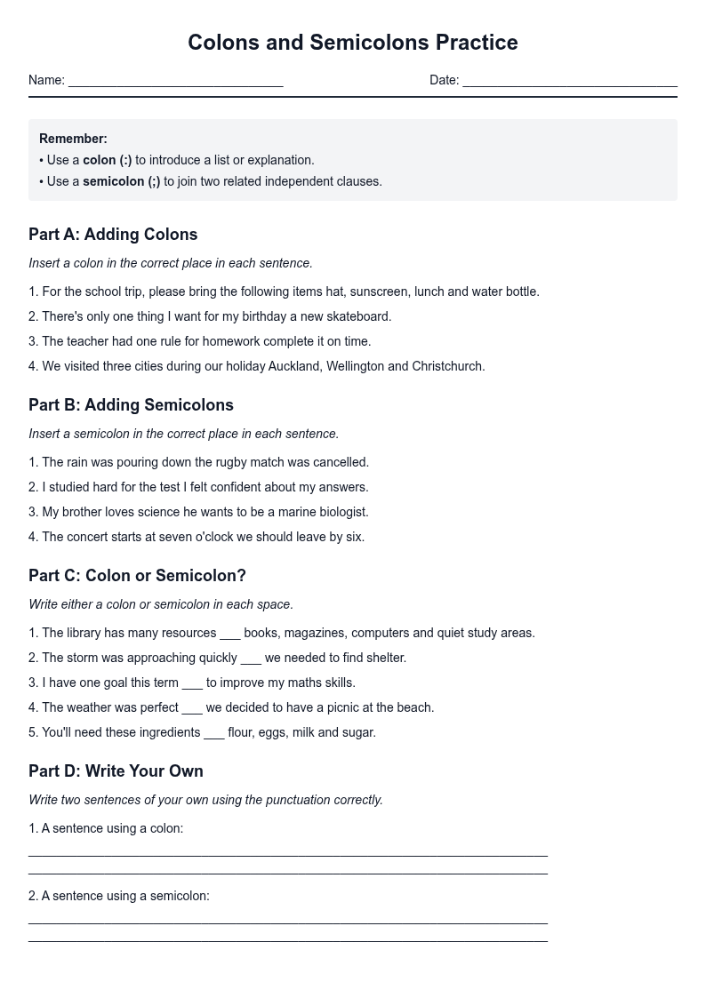 Colons and Semicolons Practice