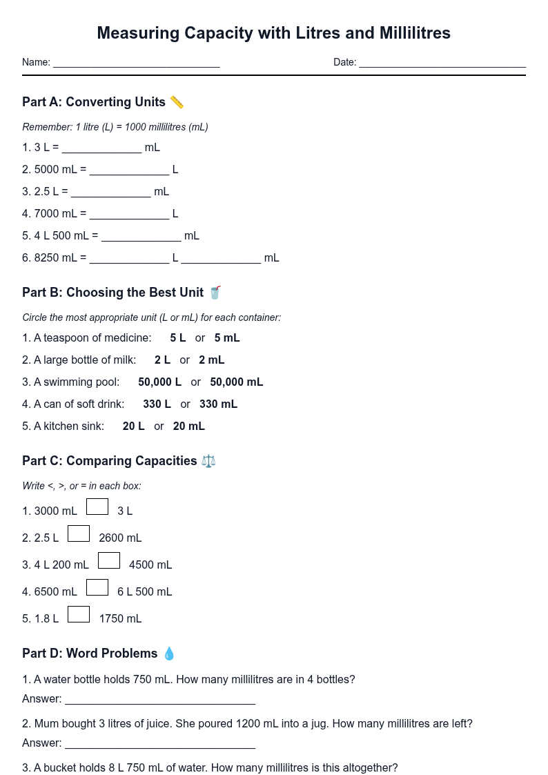 Measuring Capacity with Litres and Millilitres