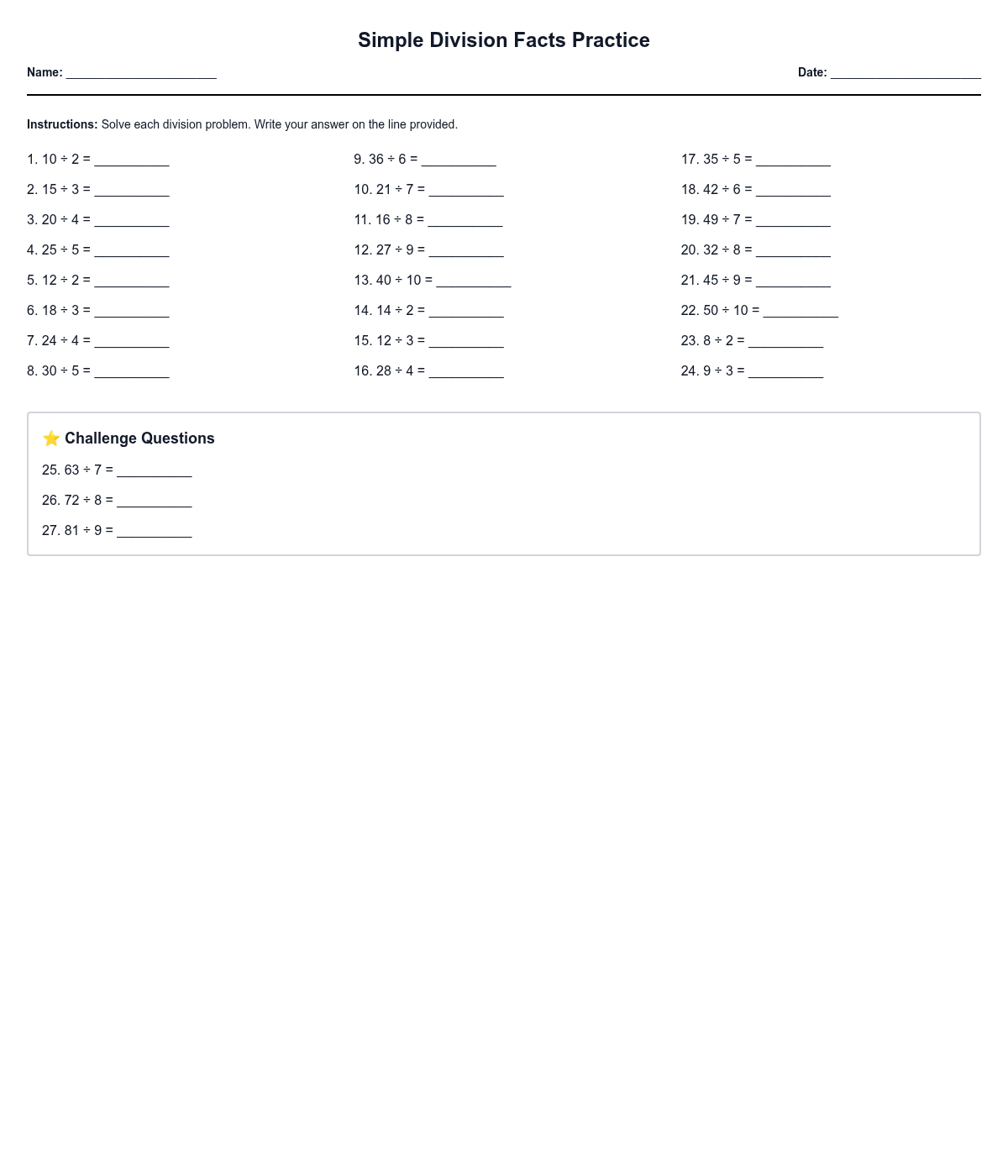Simple Division Facts Practice