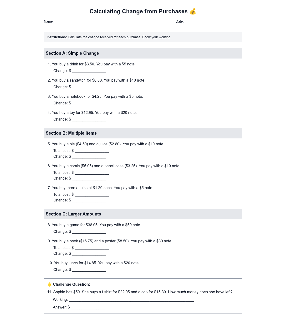 Calculating Change from Purchases