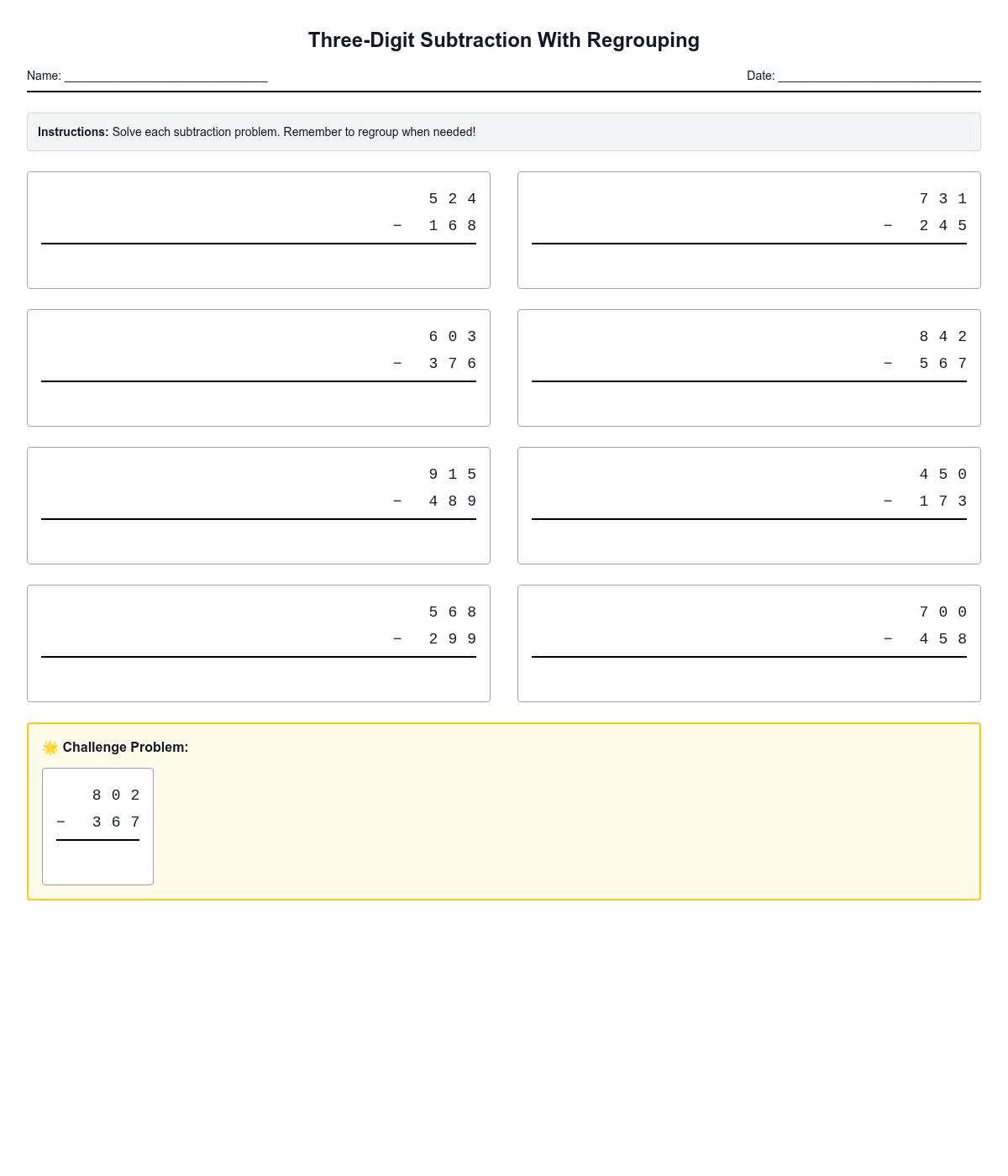 Three-Digit Subtraction With Regrouping
